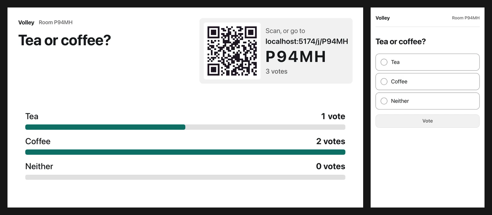 Volley running a poll: the projector shows 'Tea or coffee?' with live vote bars, a QR code and a room code, beside the same question on a phone with three options and a Vote button.